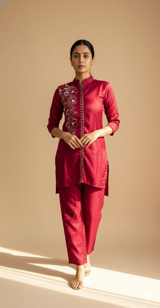 Scarlet Grace red embroidered kurta and pant co-ord set front view