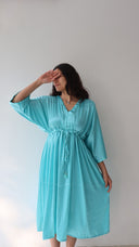 Light blue polka dot satin free size dress with pockets for women