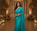 Model smiling in sky blue organza saree with soft drape captured in a festive indoor setting