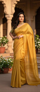 Detailed view of the pallu of sunlit gold linen tissue saree showcasing its refined finish and lightweight weave.