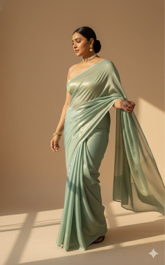 Model wearing teal satin silk saree with gold shimmer for festive and wedding wear
