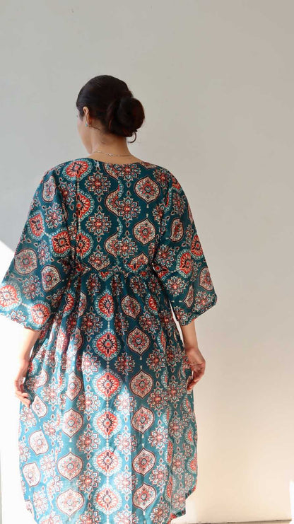 Back view of teal printed linen cotton dress with flowy silhouette
