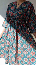 Adjustable waist tie on teal linen cotton blend dress