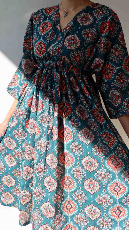 Adjustable waist tie on teal linen cotton blend dress