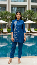 Teal Wildflower embroidered co-ord set with kurta and matching pants