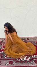 Styling view of The Season’s Golden Darling Gold Organza Saree by Label Anaira, an elegant lightweight gold saree ideal for weddings, receptions and festive events.