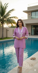 Lilac embroidered co-ord set for women with straight kurta and matching pants