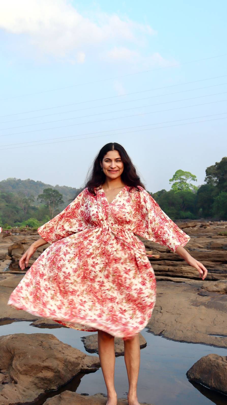 Free size rayon cotton dress shown in a relaxed seated fit, highlighting flowy silhouette and everyday comfort.