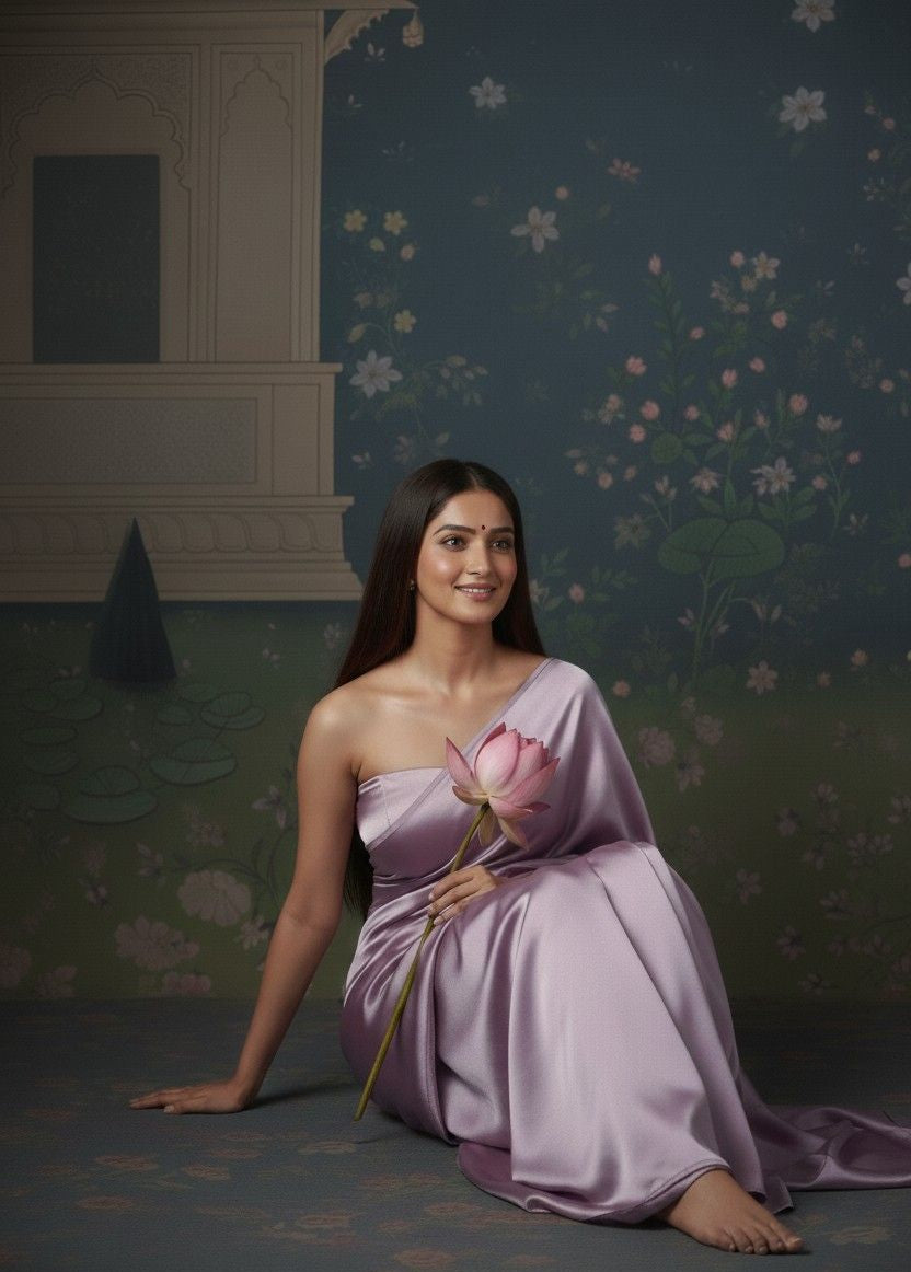 Woman in a purple dress holding a pink flower against a decorative wall. Festive minimal look.