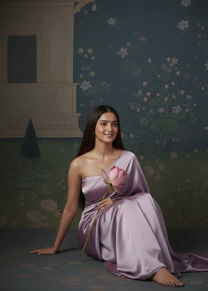 Woman in a purple dress holding a pink flower against a decorative wall. Festive minimal look.