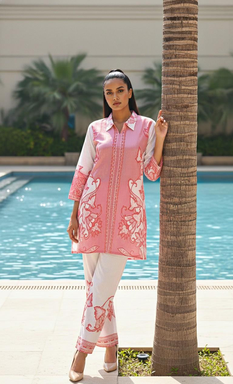 woman wearing label anaira pink and white beautiful co-ord set 